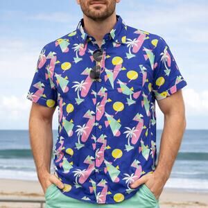 Joe Marlin Men’s Large Blue Surf Print Button Down Shirt 80s Retro Vibe Cotton